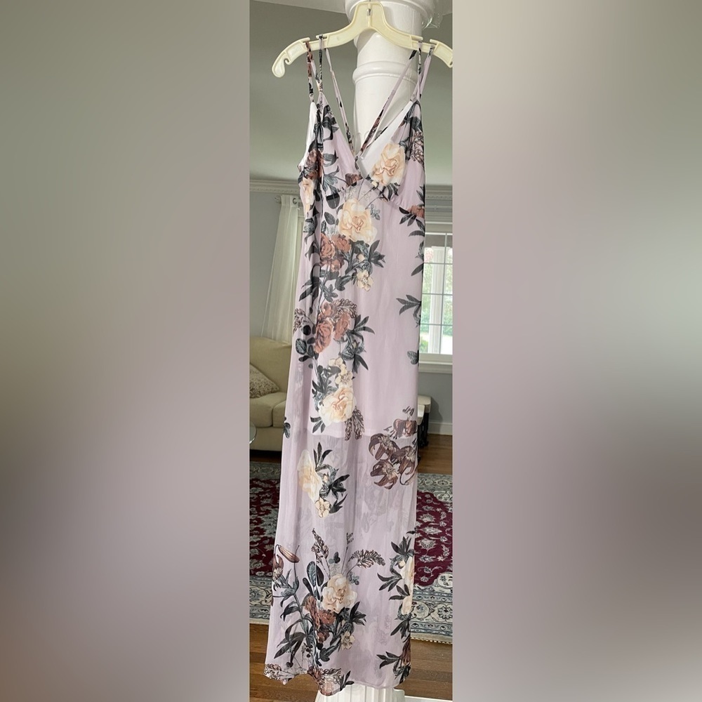 Charlotte Russe women’s long sheer floral print Maxi dress . Color purple , tan